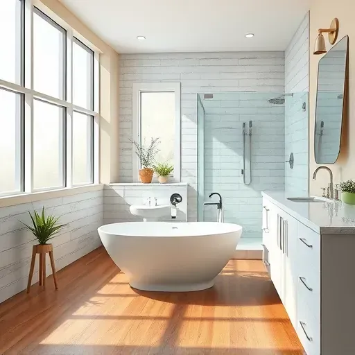 Remodeled bathroom in Hurst TX with a freestanding bathtub, walk-in shower, marble countertops, and natural lighting
