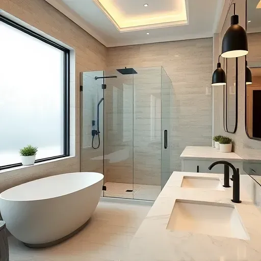 Renovated Arlington TX bathroom features modern fixtures, freestanding tub, glass shower, and elegant ambiance.