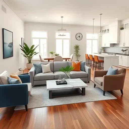 Contemporary Haltom City living room with hardwood floors, white walls, plush gray sofa, and open kitchen design.