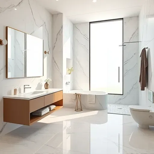 Renovated bathroom in Southlake TX with marble floors, floating vanity, glass shower, and elegant decor accents.