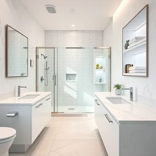 Remodeled Highland Village TX bathroom with white marble countertops, glass shower, modern fixtures, and elegant decor