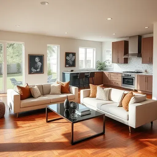 Spacious Duncanville TX living area with modern wood flooring, sleek furniture, and serene outdoor views.