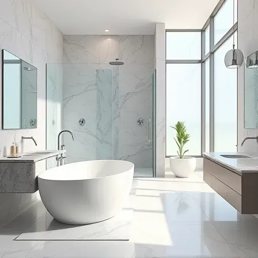 Renovated Keller, TX bathroom with modern fixtures, marble shower, freestanding tub, granite vanity, and natural light.