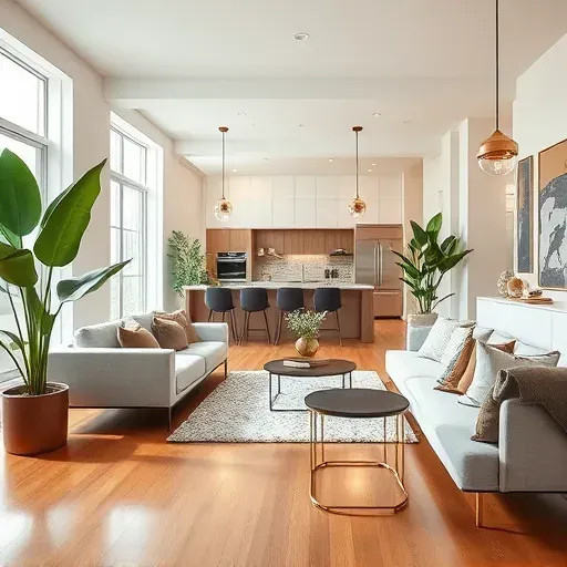 Spacious Irving, TX living room post-remodel with modern furniture, hardwood floors, large windows, and a connected kitchen.