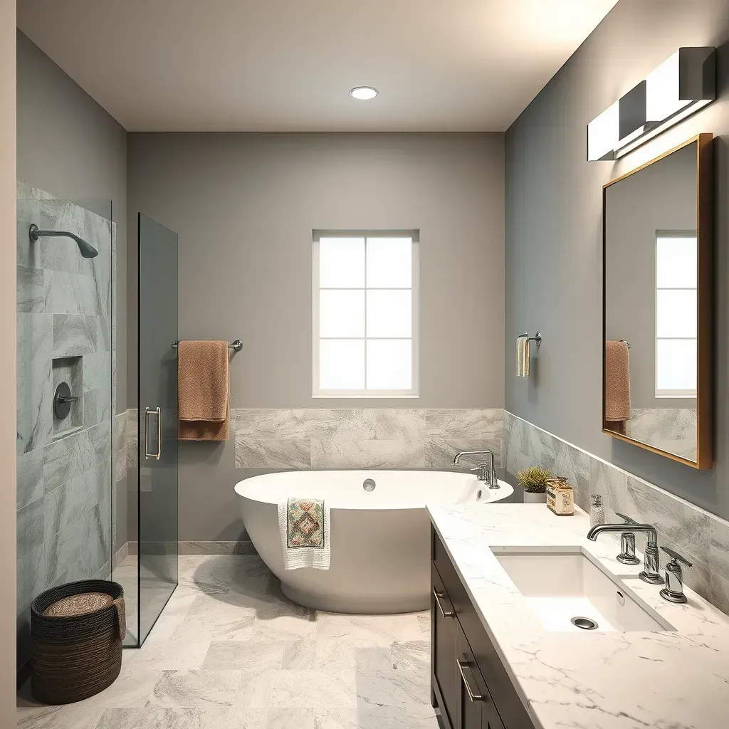 Modern bathroom remodeling in Coppell, TX: sleek fixtures, glass shower, double vanity, marble countertops, bright natural light.