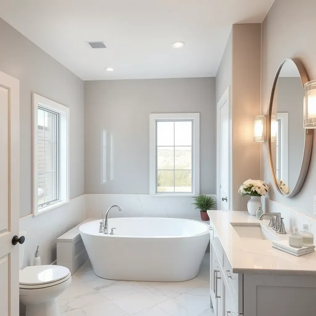 Modern Southlake bathroom with glass shower, freestanding tub, double vanity, neutral tiles, and warm lighting.