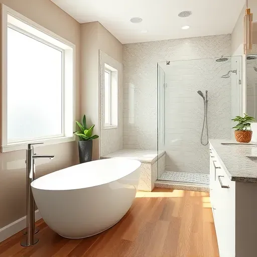 Modern luxurious bathroom in Bedford TX with a freestanding tub, glass shower, granite countertops, and tiled accent wall