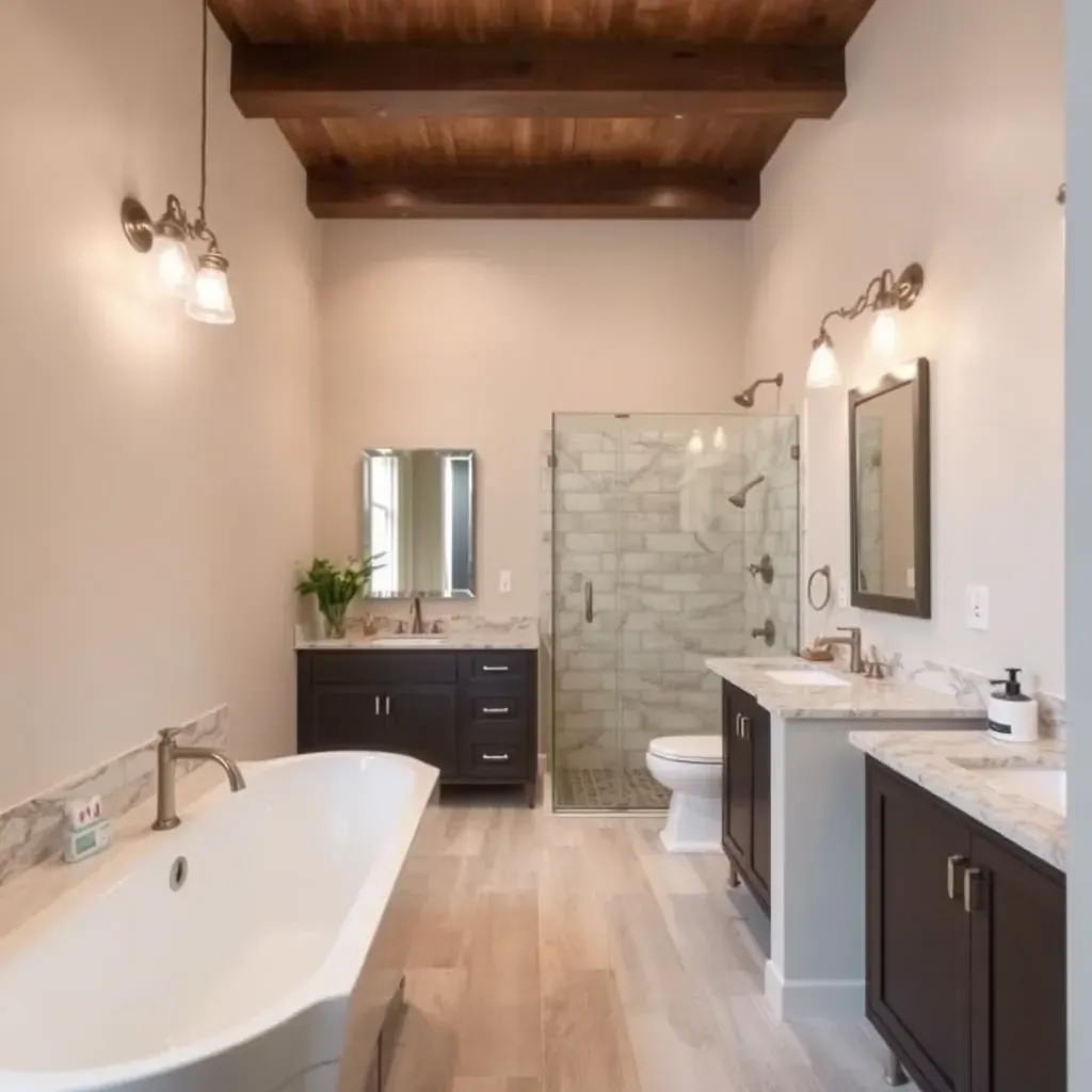 Modern Westlake bathroom with neutral tiles, freestanding tub, black fixtures, glass shower, stone countertop, and natural light.