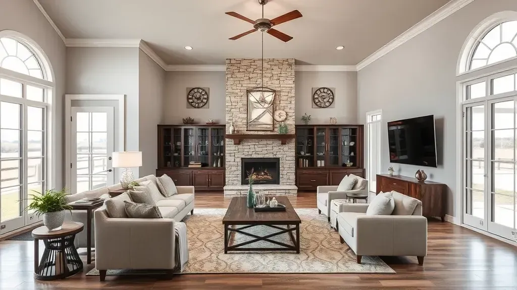 Spacious remodeled Fort Worth living room with large windows, modern decor, hardwood floors, and seamless kitchen flow.