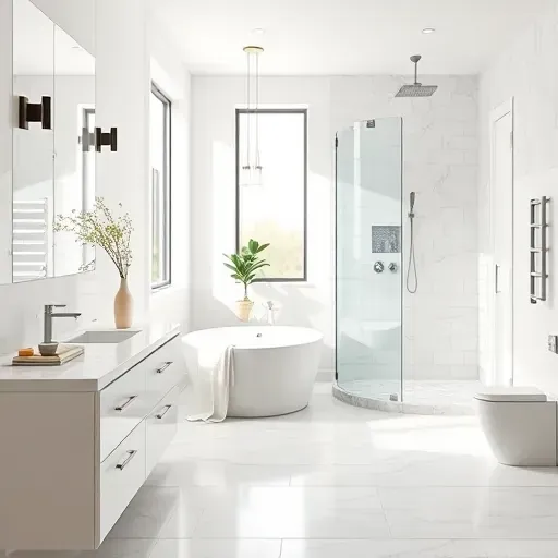 Renovated Bedford, TX bathroom with marble countertops, freestanding tub, walk-in shower, and modern decor.