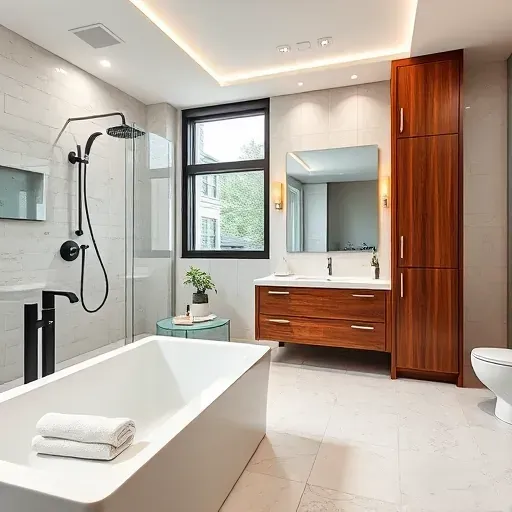 Completed Arlington TX bathroom remodel with modern fixtures, walk-in shower, soaking tub, and custom wood cabinetry