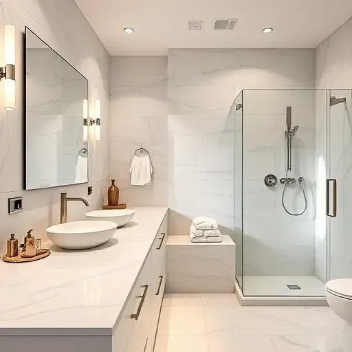 Luxurious remodeled bathroom in Little Elm TX featuring modern fixtures marble countertops walk-in shower polished surfaces and neutral textured tiles