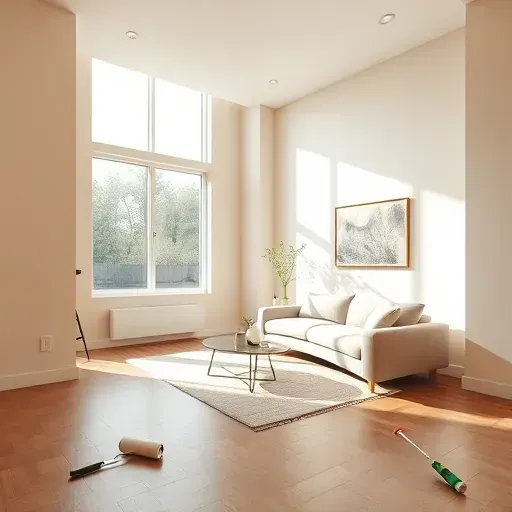 Modern Arlington living room with warm neutral walls natural light hardwood floors minimal furniture and organized tools