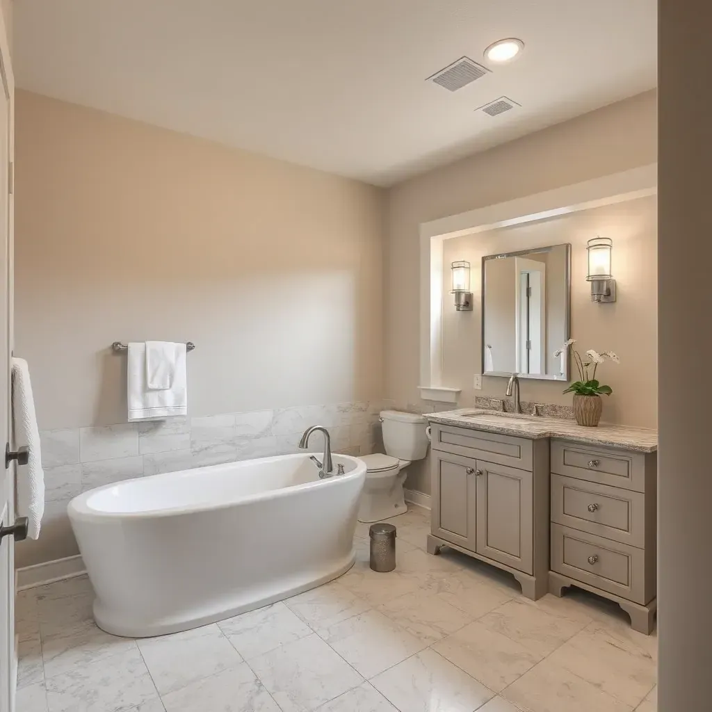 Luxurious Argyle, TX bathroom featuring modern fixtures, large windows, sleek tiles, walk-in shower, soaking tub, and contemporary style.
