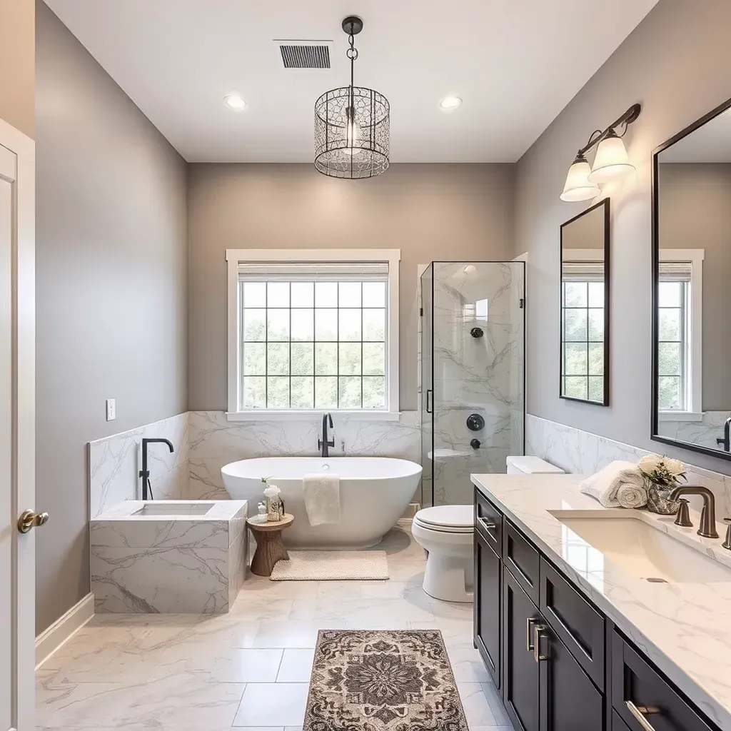Modern Keller bathroom with walk-in shower, quartz vanity, sleek fixtures, natural light, and wooden-look porcelain tiles.