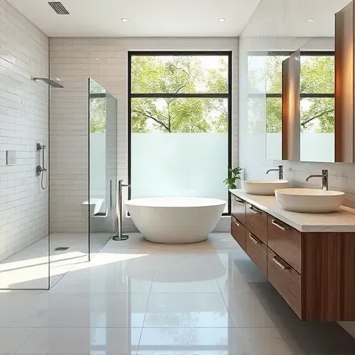 Remodeled Fort Worth bathroom with walk-in shower, freestanding tub, marble vanity, greenery, and modern design elements