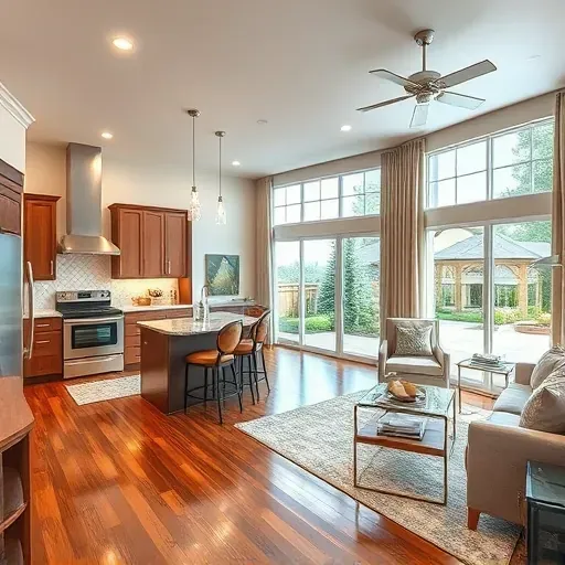 Modern Coppell home interior featuring open living space, sleek kitchen, hardwood floors, large windows, and landscaped backyard.