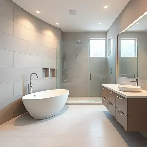 Modern bathroom in Haslet Texas with freestanding soaking tub, walk-in glass shower, quartz vanity, and marble tiles