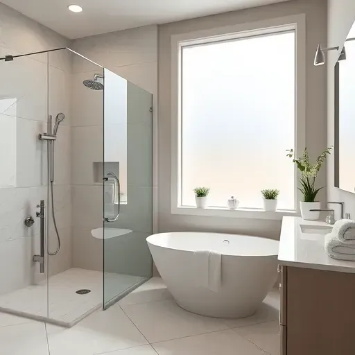 Remodeled Dallas bathroom with modern fixtures, marble vanity, glass shower, freestanding tub, neutral tiles, and elegant decor.