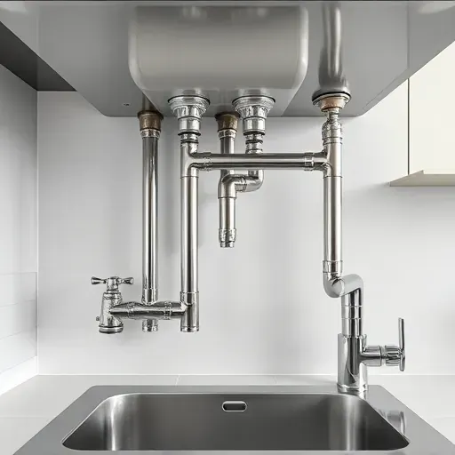 Freshly upgraded modern kitchen plumbing with polished chrome pipes, seamless joints, sturdy fixtures, and natural lighting in a sleek Arlington TX home