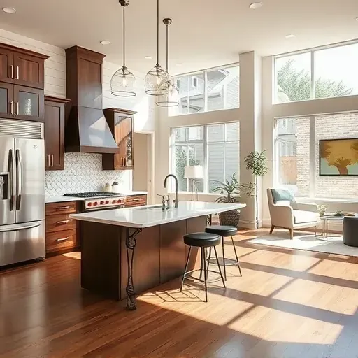 Modern kitchen remodel in Grapevine TX features stainless steel appliances, marble countertops, and walnut cabinetry.
