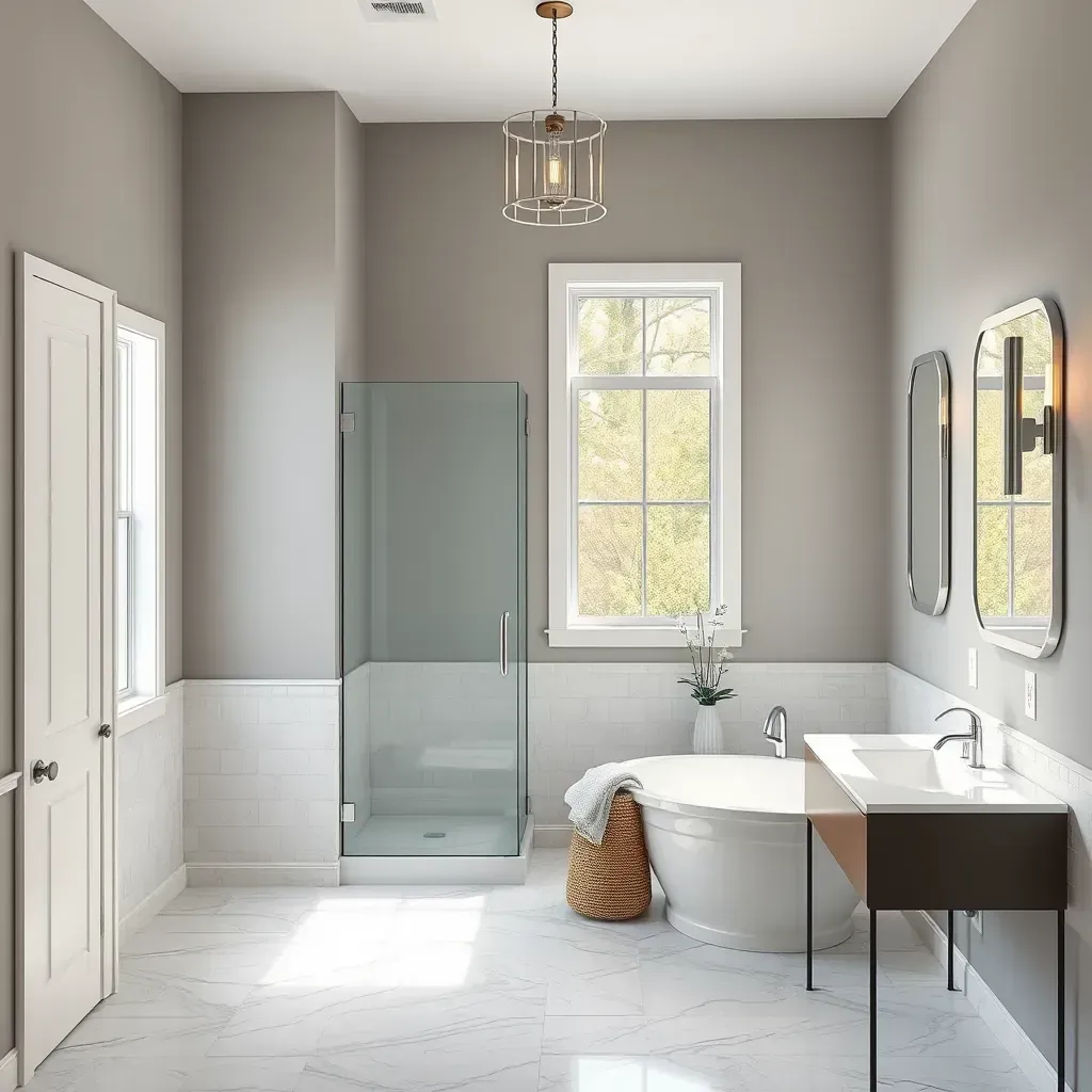 Modern Fort Worth bathroom with glass shower, freestanding tub, marble vanity, and sleek fixtures.