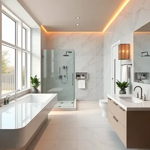 Remodeled Watauga, TX bathroom with modern fixtures, walk-in shower, marble counters, and stylish lighting.