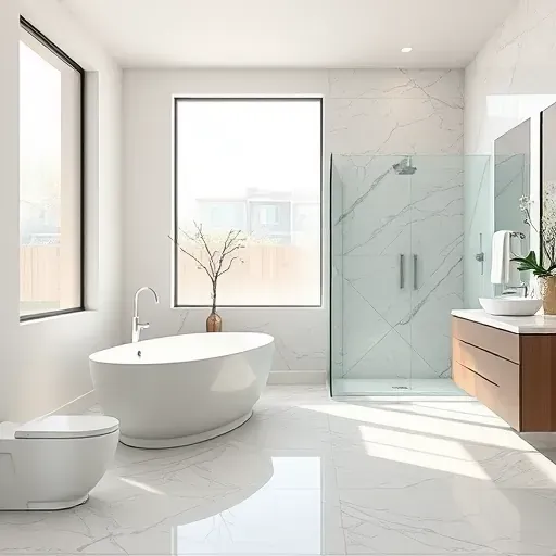 Remodeled bathroom in Grapevine TX with soaking tub, walk-in glass shower, modern vanity, neutral tones, marble floors, and natural light