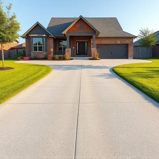 Immaculate smooth concrete driveway in Arlington Texas with lush green grass flowering plants modern home and clear natural light