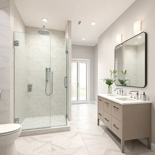 Recently remodeled bathroom in Roanoke TX, featuring modern chrome fixtures, elegant tilework, and soft lighting.