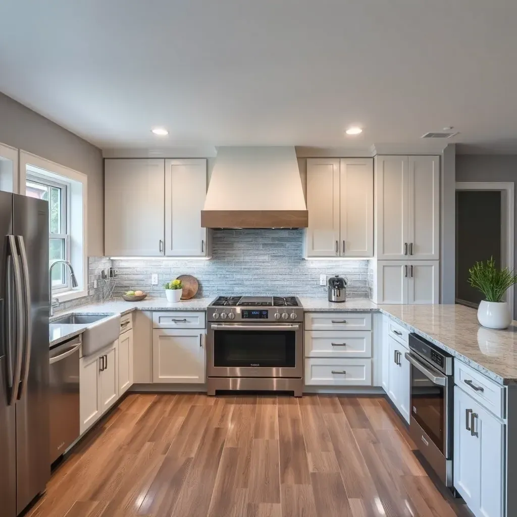 Modern Arlington, TX kitchen featuring white quartz countertops, oak cabinets, large island, stainless steel appliances, and natural light.