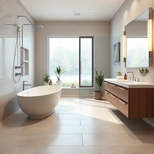 Remodeled McKinney Texas bathroom with modern soaking tub, glass shower, sleek vanity, LED lighting, and elegant porcelain tile floor