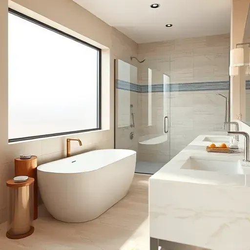 Renovated Fort Worth bathroom with modern fixtures, frameless shower, soaking tub, marble countertops, and southwestern decor