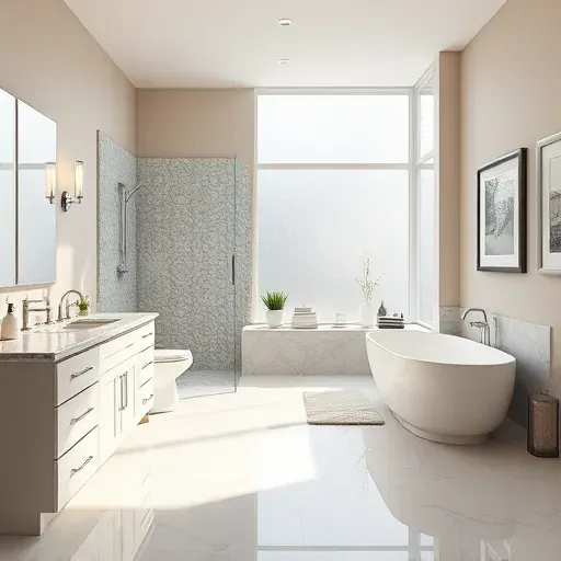 Beautiful remodeled Arlington TX bathroom featuring sleek fixtures, frameless shower, soaking tub, natural light, neutral tones, and elegant decor