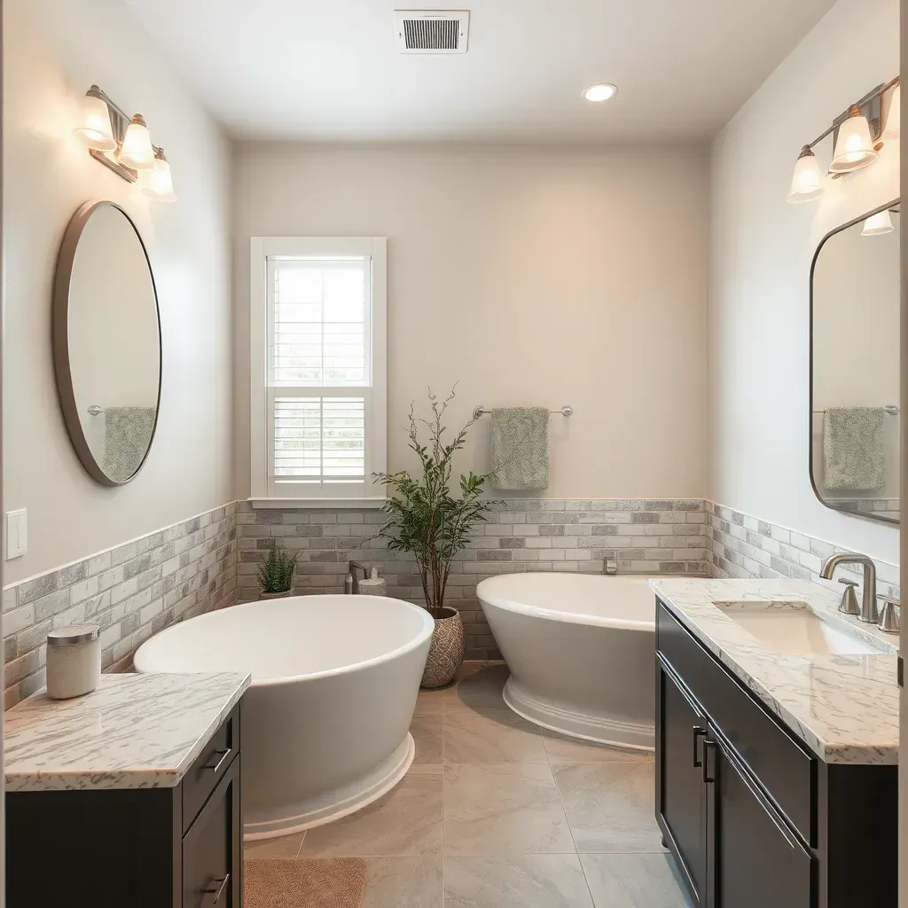 Elegant bathroom in Burleson, TX with glass shower, marble accents, wooden vanity, soaking tub, and modern fixtures.