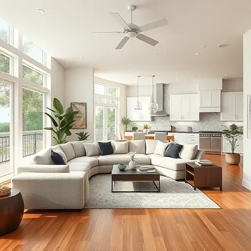 Modern Trophy Club kitchen with sleek cabinetry, quartz countertops, large windows, hardwood floors, and landscaped backyard.