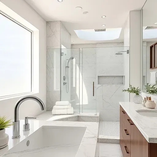 Modern Southlake, TX bathroom with quartz vanity, glass shower, soaking tub, black fixtures, and natural light.
