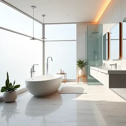 Stunning modern bathroom in Richardson, TX with porcelain tiles, freestand tub, walk-in shower, quartz vanity, and natural light.