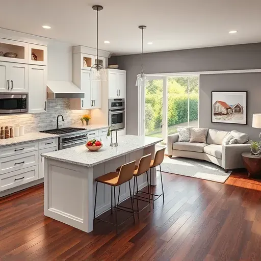 Modern kitchen remodel in Grand Prairie TX with white cabinetry, granite counters, and open-concept living area.