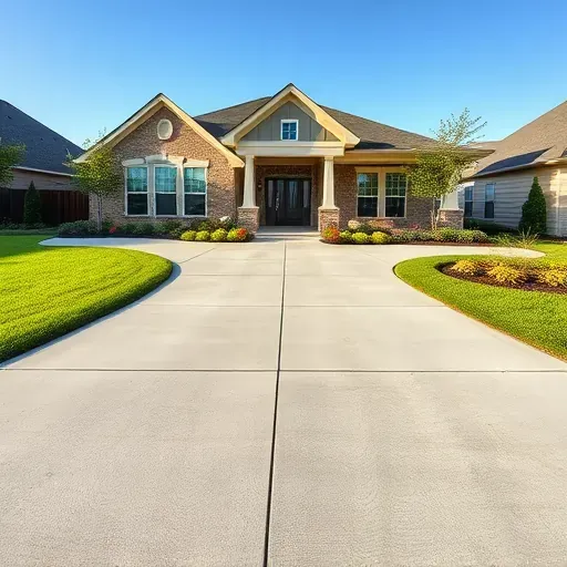 Freshly poured concrete driveway with smooth texture, lush landscaping, modern home, and bright daylight in Arlington TX