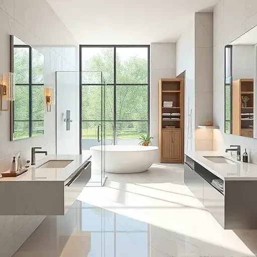 Remodeled Southlake TX bathroom featuring marble flooring, glass shower, soaking tub, double vanity, and natural lighting