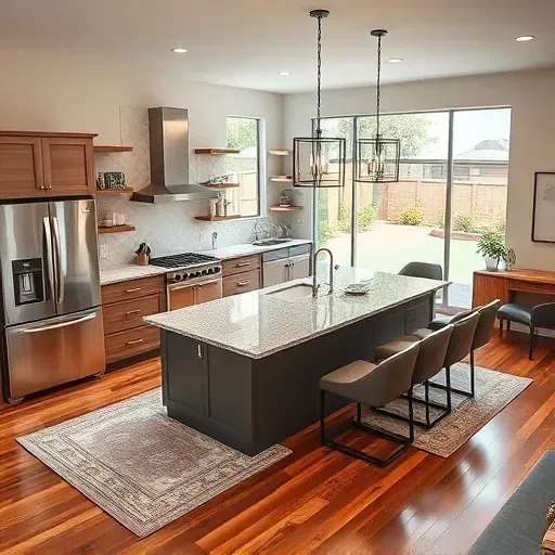 Contemporary Arlington TX kitchen remodel featuring stainless steel appliances, granite island, and elegant cabinetry.