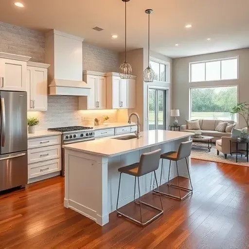 Modern kitchen remodel in Burleson TX with quartz counters, subway tile backsplash, and warm wood flooring.