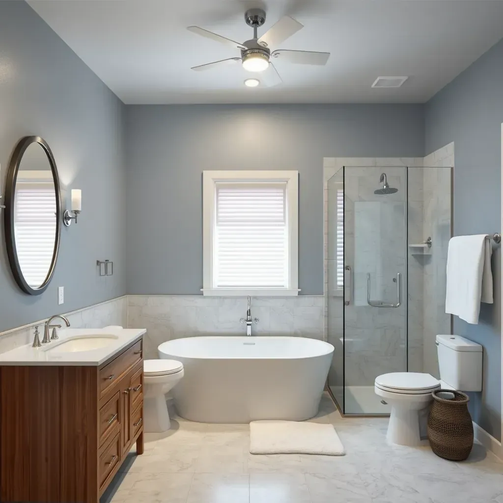 Modern Roanoke, TX bathroom with glass shower, matte black fixtures, freestanding tub, gray tiles, and custom cabinetry.