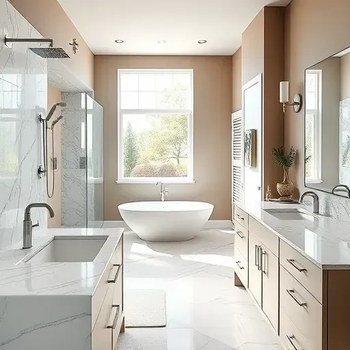 Modern bathroom in Allen TX with a soaking tub, walk-in shower, marble countertops, double vanity, and natural light