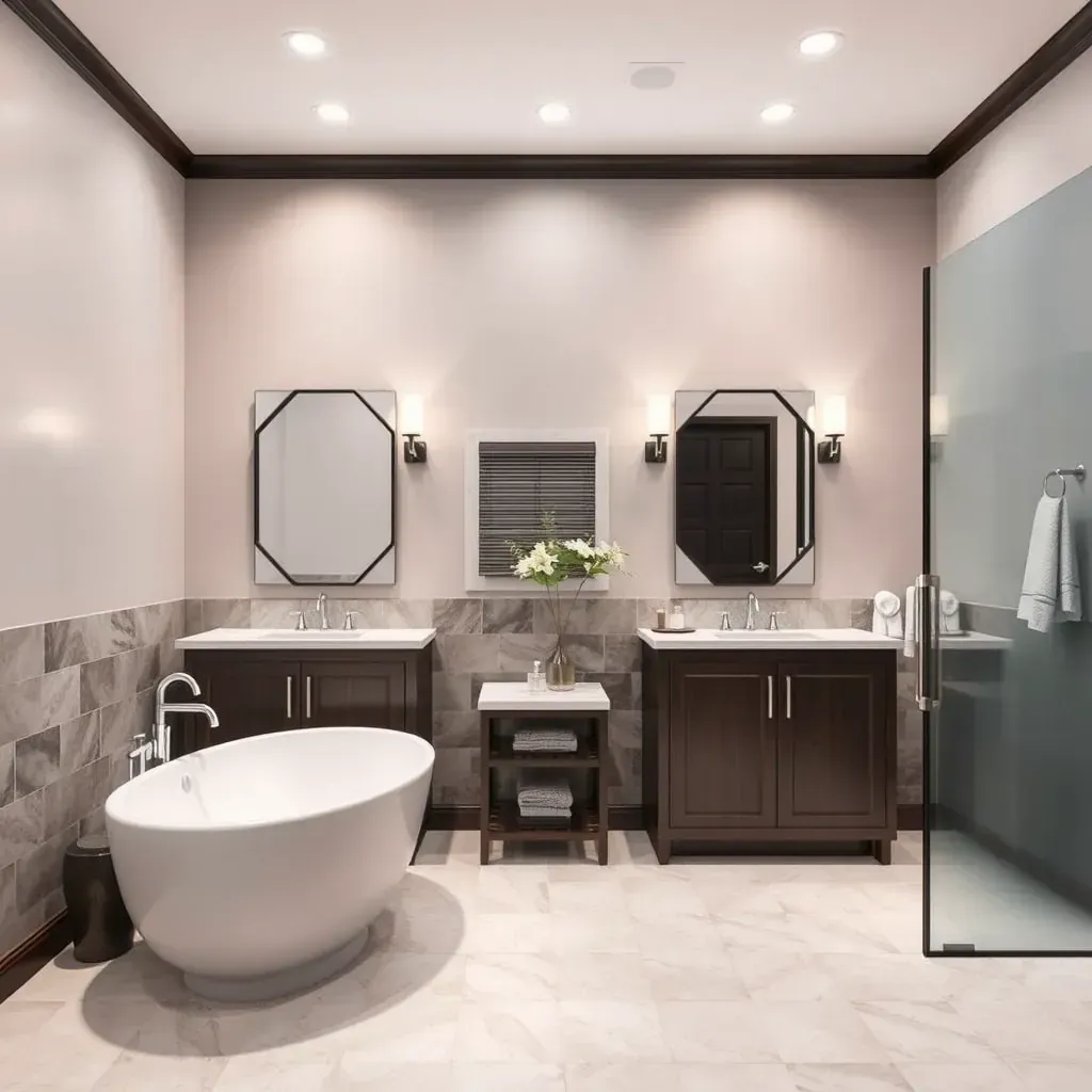 Modern North Richland Hills bathroom with sleek vanity, walk-in shower, bathtub, and elegant finishes.