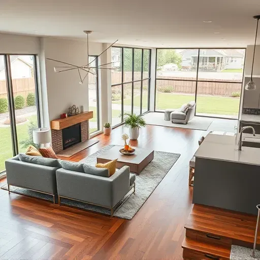 Beautiful renovated Duncanville, TX living room with modern design, hardwood floors, large windows, and stylish decor.