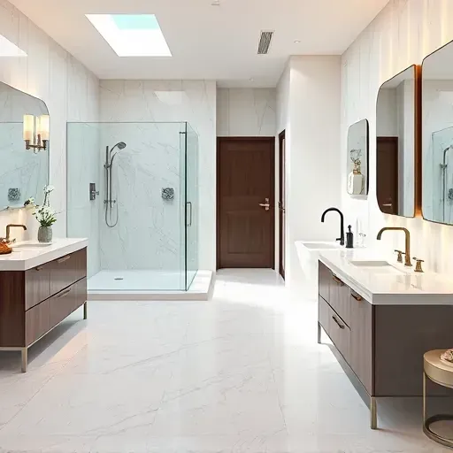 Beautiful renovated Westlake Texas bathroom with glass shower tub marble countertops sleek fixtures and warm lighting