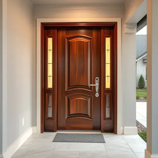 Polished wooden door with detailed design, modern hardware, sleek frame, in a well-lit suburban Arlington TX entryway