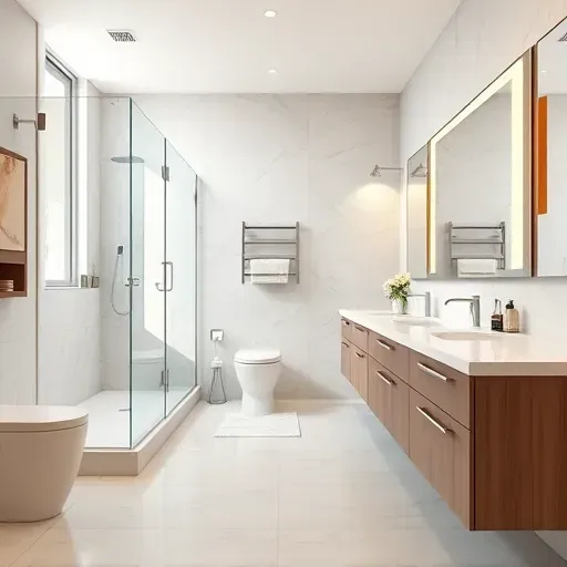 Modern remodeled bathroom in Haslet TX featuring sleek fixtures, walk-in shower, marble countertops, and natural light.